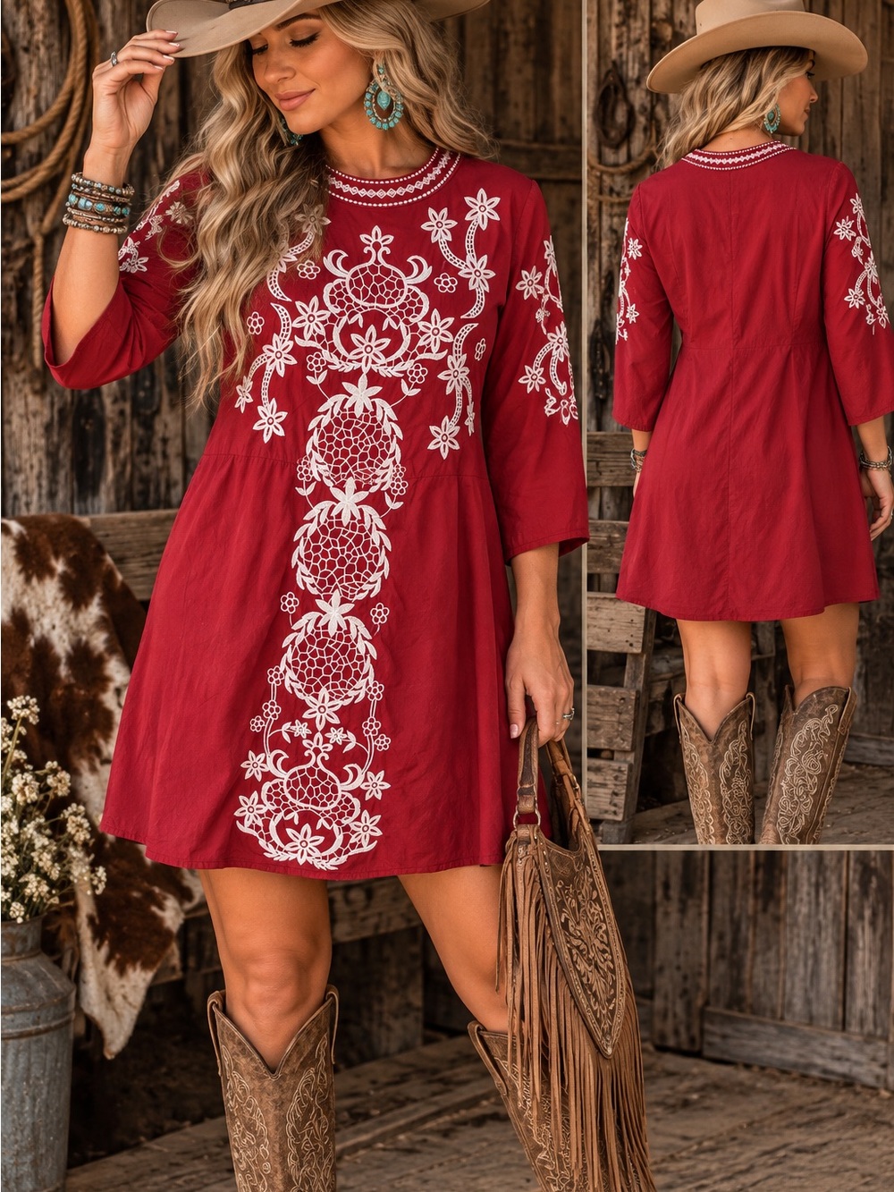 AIDEN Red White Embroidered Boho Western Mini Dress Size M